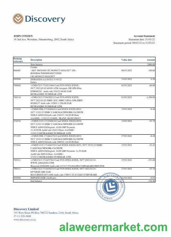 South Africa Discovery bank statement, Excel and PDF template